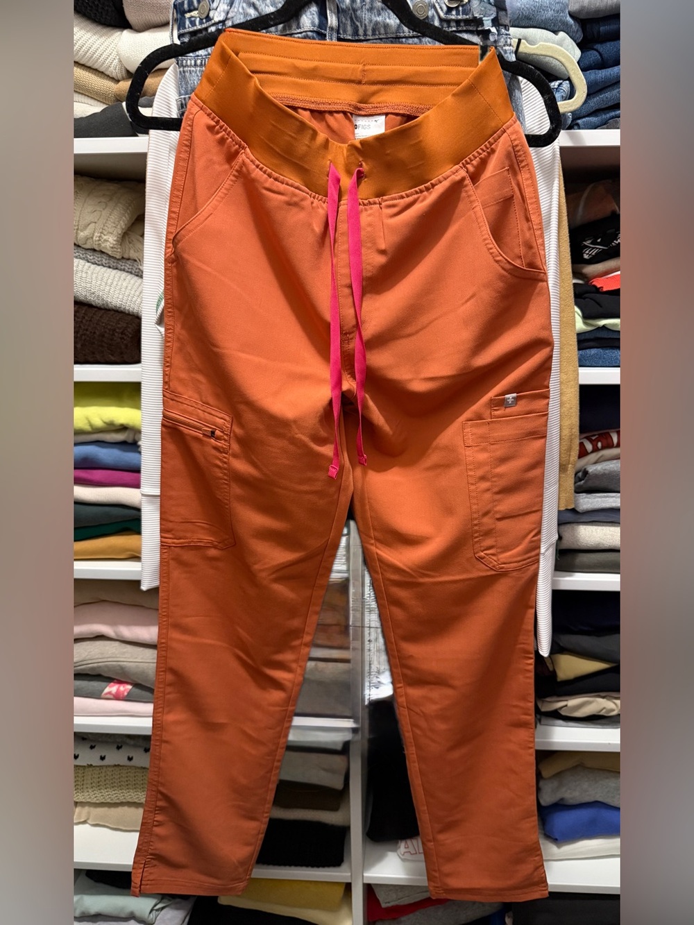 Figs Women’s Orange Cargo Joggers with Pink Drawstring